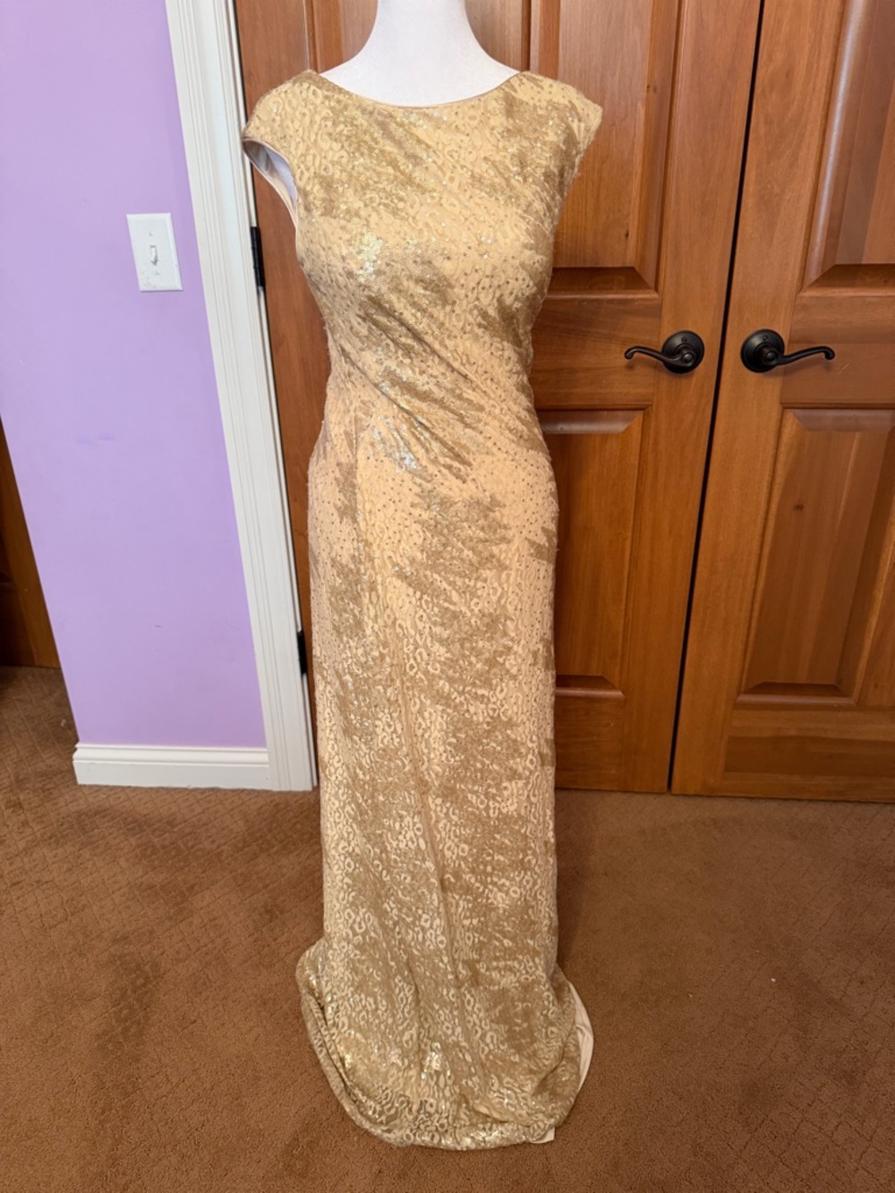 Sue Wong Gold Sequin cheetah and lace sleeveless Maxi Dress size 6